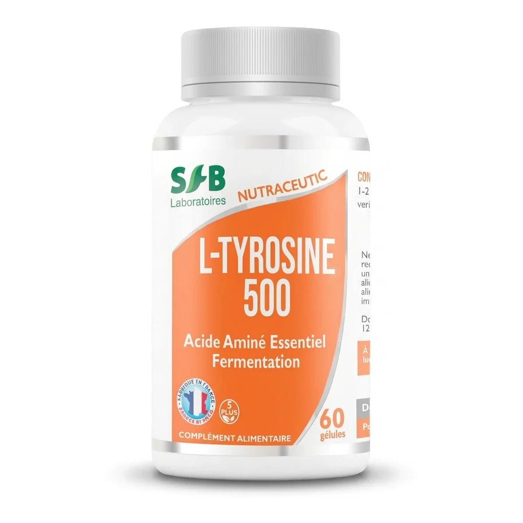 Bouteille L-Tyrosine 500mg vegan SFB Laboratoires en gélules, complément alimentaire sur fond blanc