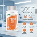 Flacon SFB L-Tyrosine 500mg vegan avec infographie moleculaire et certification produit France