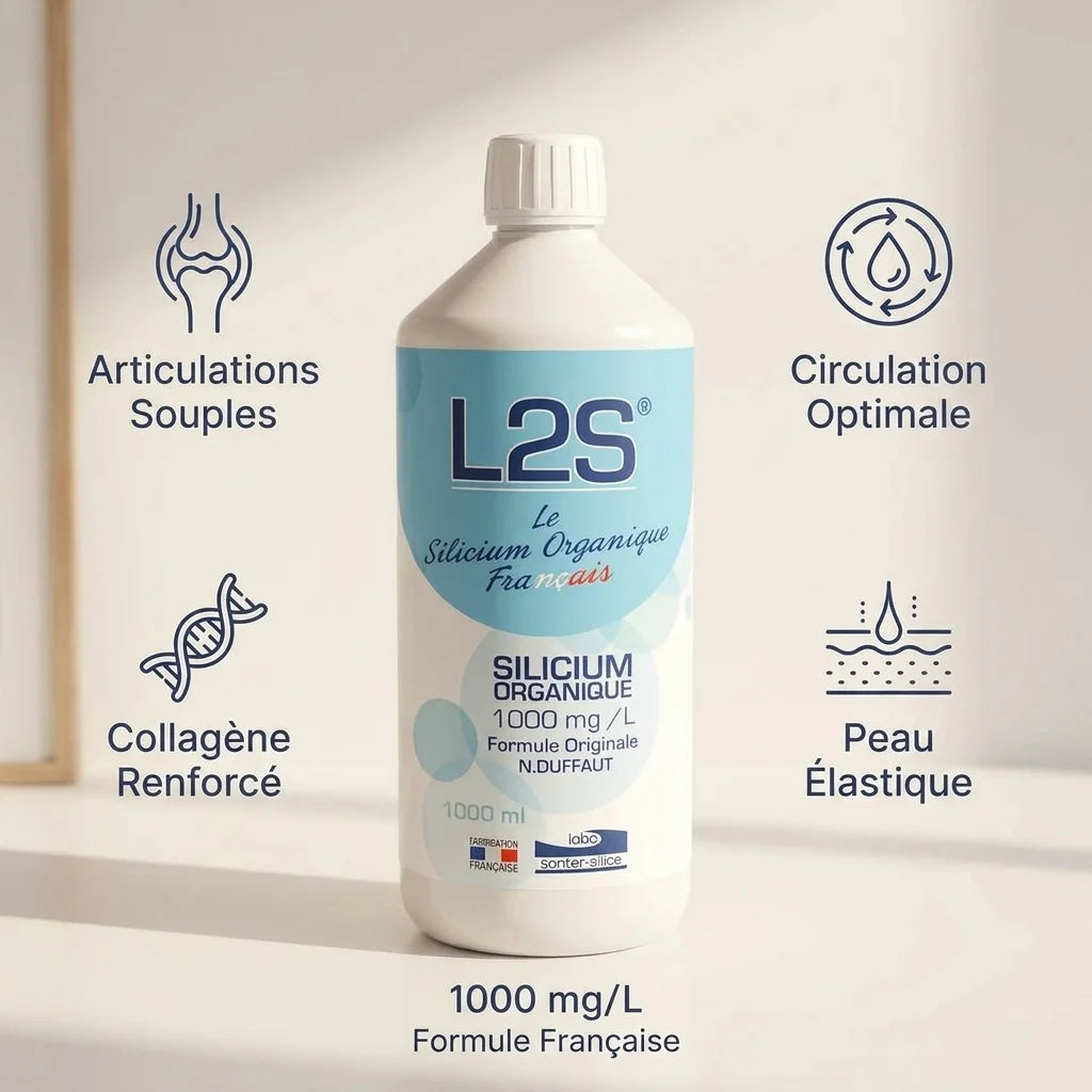 Bouteille L2S® Silicium Organique 1000mg/L avec bénéfices santé : articulations, circulation, peau, collagène