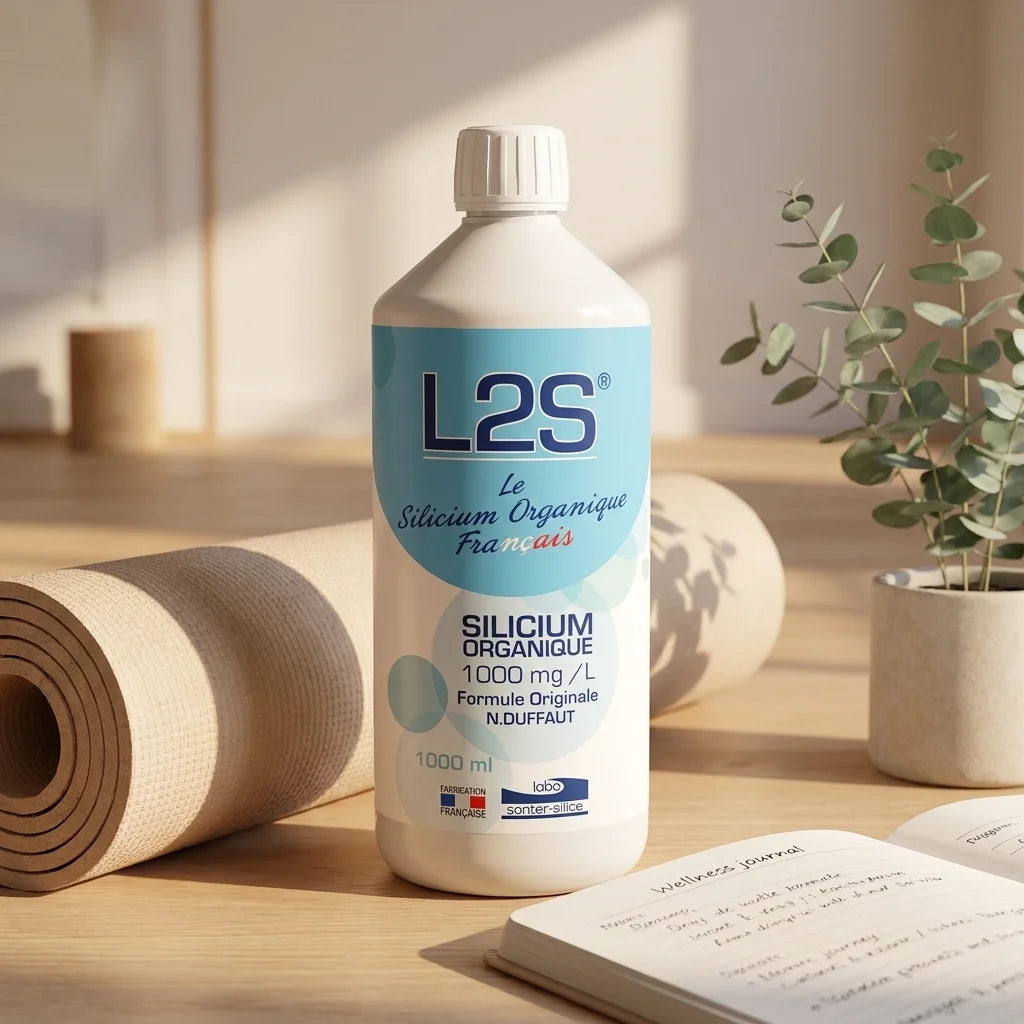Bouteille L2S® Silicium Organique dans un cadre wellness avec yoga mat et plantes vertes