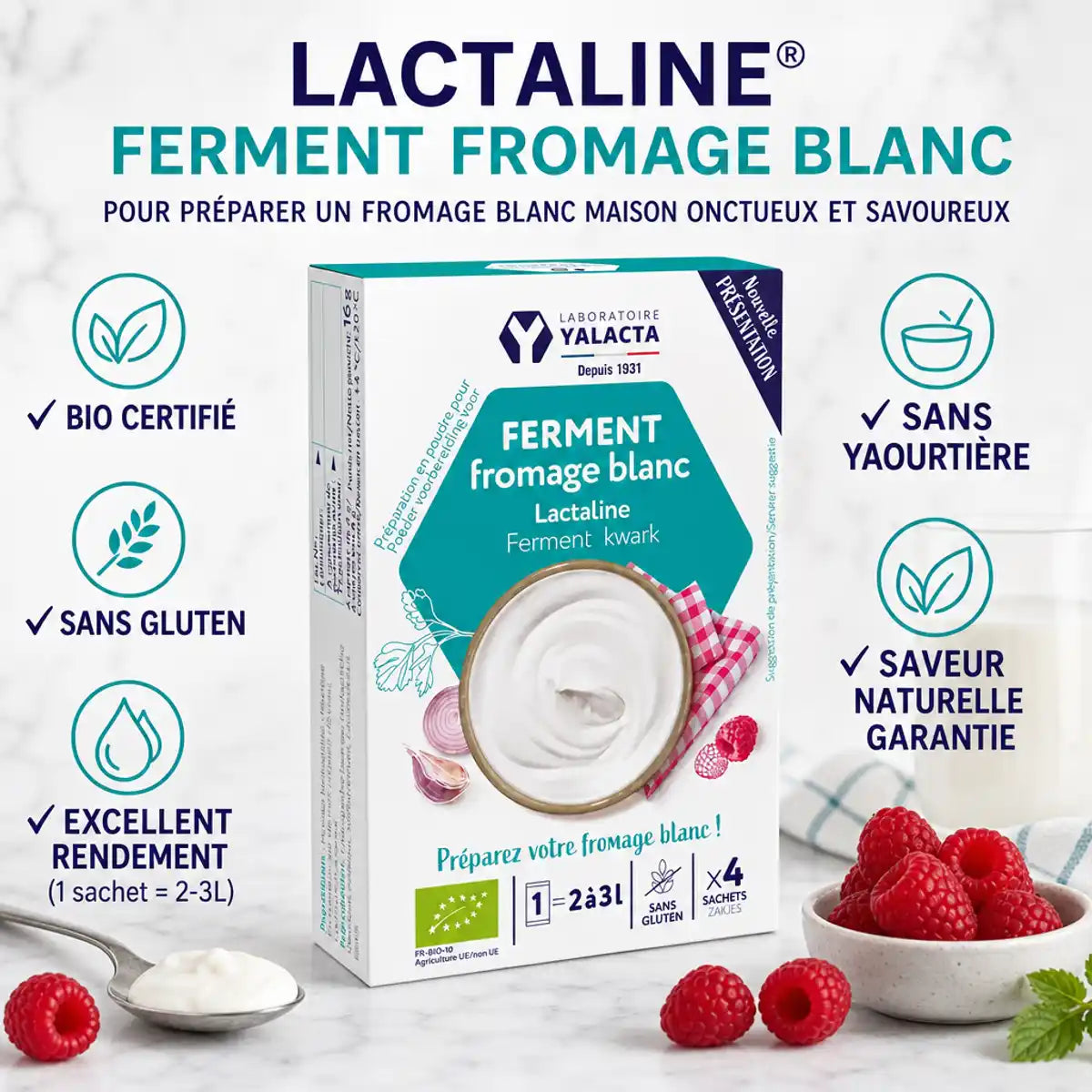 LACTALINE® sachet fromage blanc bio - Yalacta avec avantages: sans gluten, excellent rendement, sans yaourtière