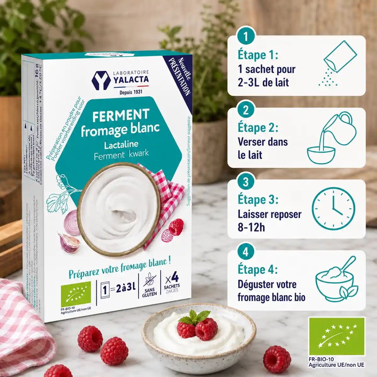 LACTALINE® ferment fromage blanc bio Yalacta avec guide préparation 4 étapes et certification FR-BIO