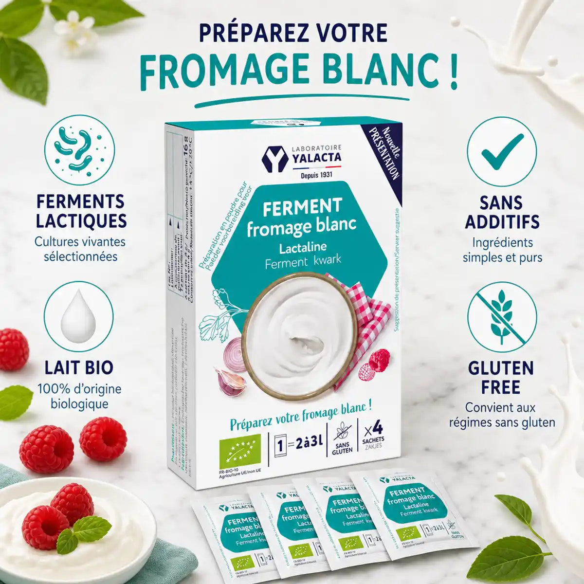 LACTALINE® sachets de ferments pour fromage blanc bio Yalacta avec certification et ingrédients naturels