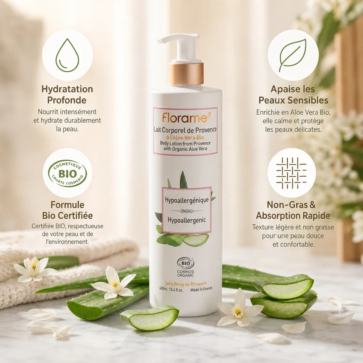 Lait Corporel Florame bio avec bénéfices: hydratation, peaux sensibles, absorption rapide