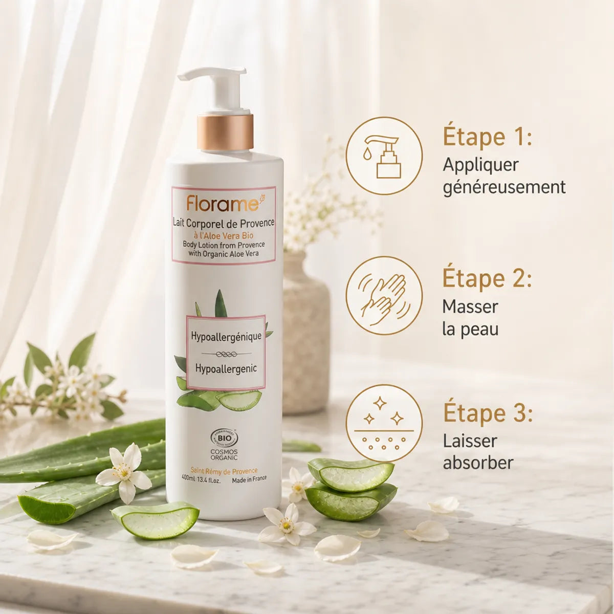 Lait corporel Florame bio hypoallergénique sur marbre avec fleurs de Provence et étapes d'application