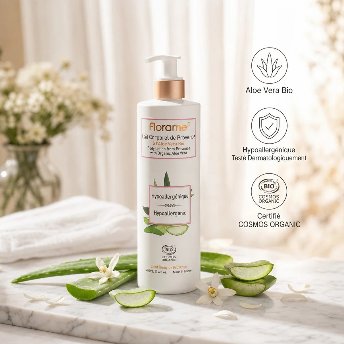 Lait corporel Florame Provence bio hypoallergénique certifié COSMOS avec aloe vera et fleurs blanches