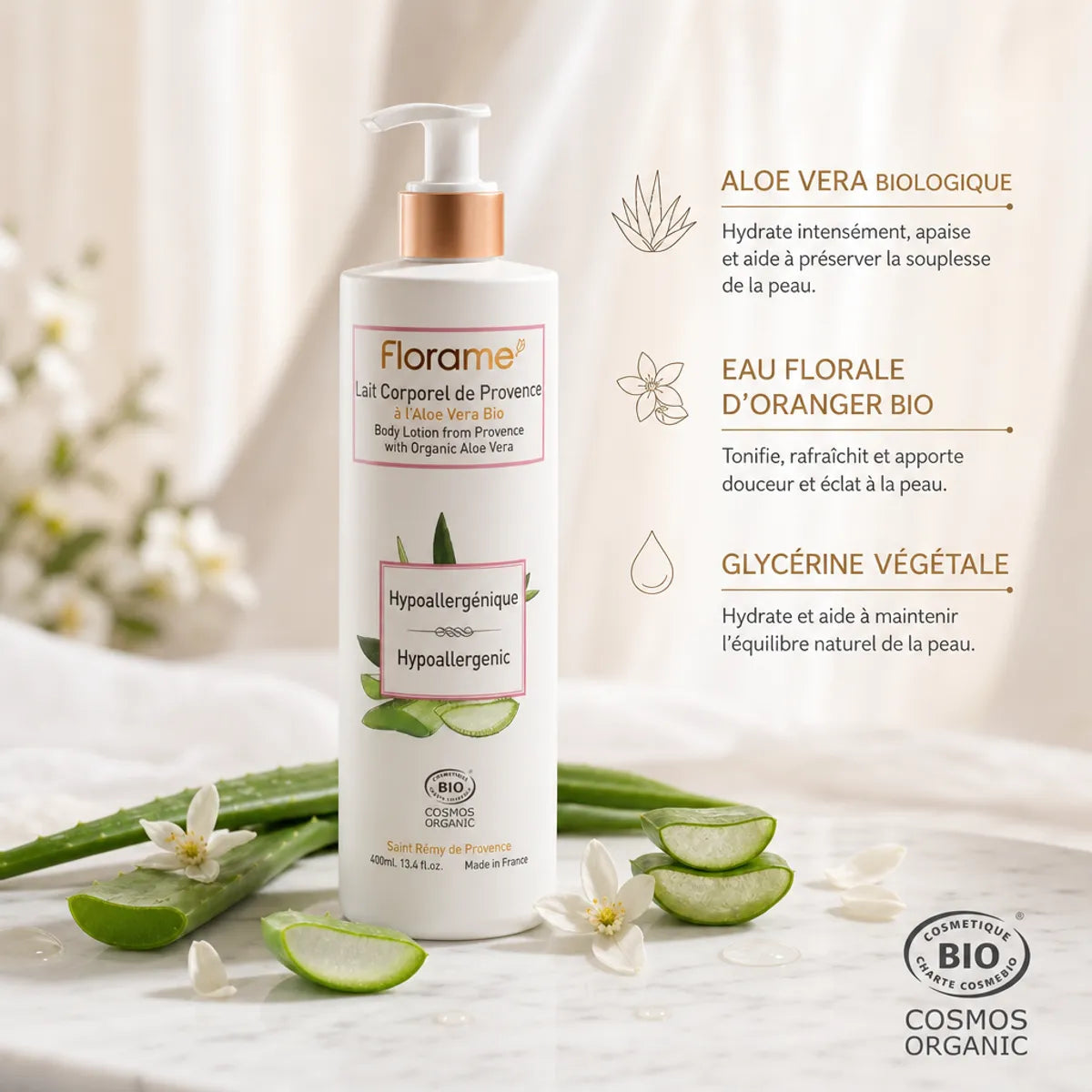 Lait corporel Florame bio hypoallergénique avec ingrédients naturels: aloe vera et fleur d'oranger