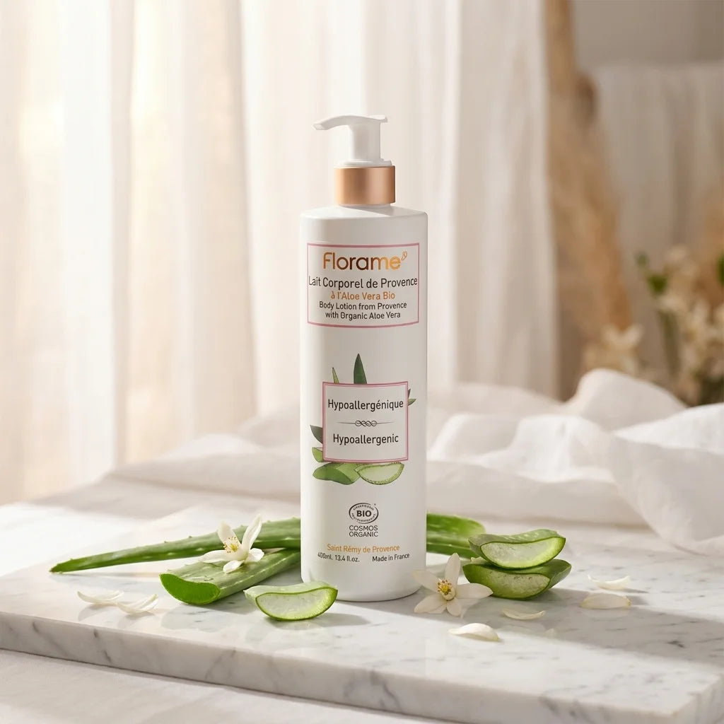 Lait corporel Florame Provence bio hypoallergénique sur marbre avec fleurs d'oranger et feuilles d'aloe vera