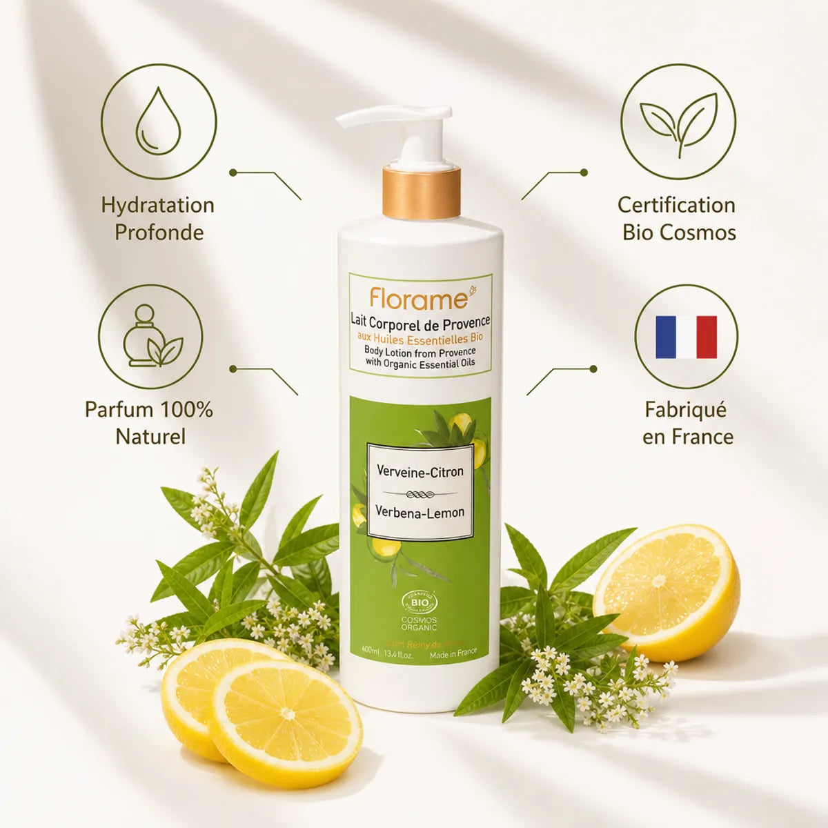 Lait corporel Florame Verveine Citron bio avec citrons frais et herbes de Provence