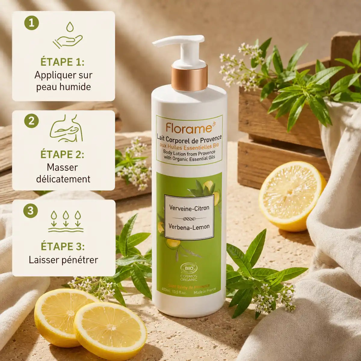 Lait corporel Florame Verveine Citron bio avec instructions application - Provence