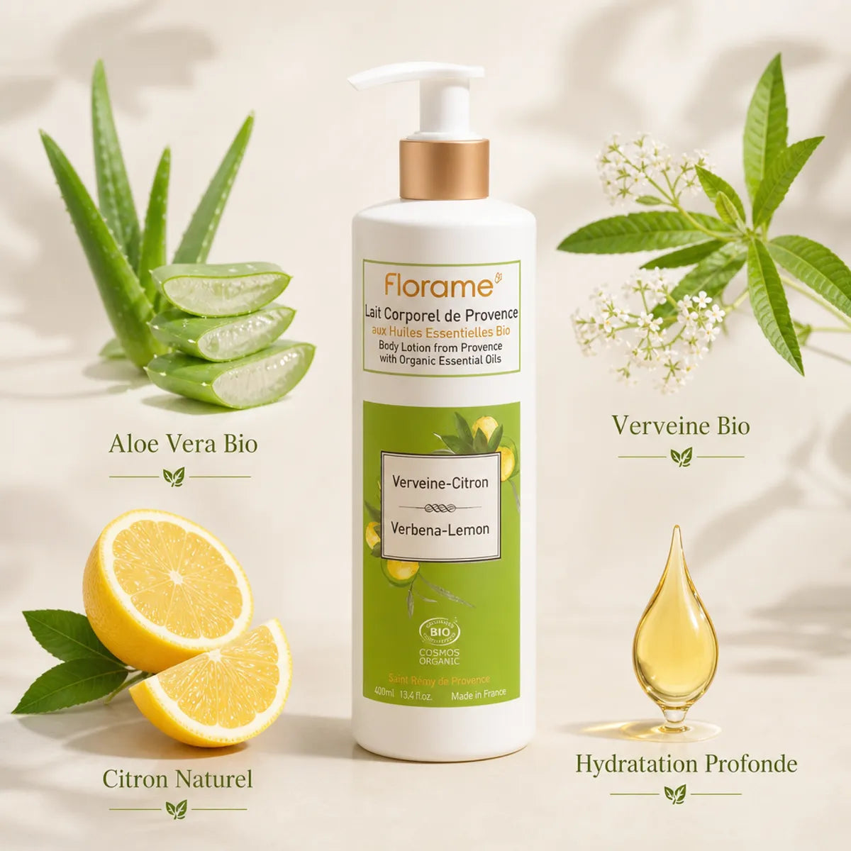 Lait Corporel Verveine Citron bio Florame avec ingrédients naturels: Aloe Vera, citron et verveine