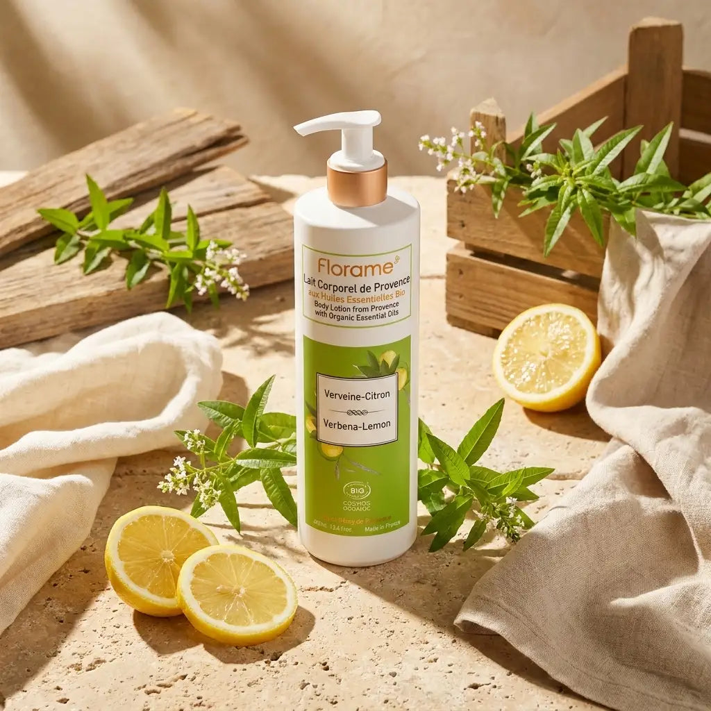 Lait corporel Florame Verveine Citron bio avec citrons frais et verveine sur pierre provençale