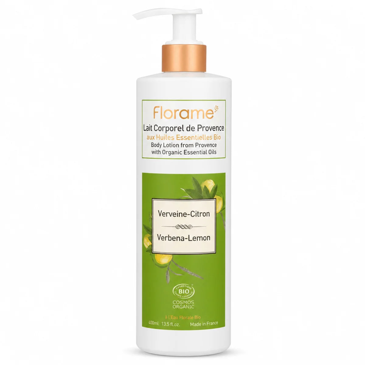 Lait corporel Florame Verveine Citron bio de Provence sur fond blanc