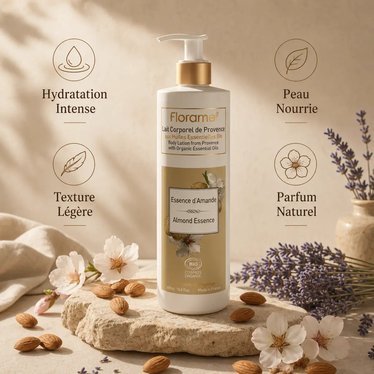 Lait corporel Florame essence d'amande bio avec infographie des bénéfits hydratation et nutrition