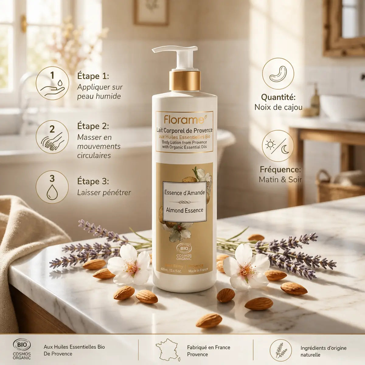 Lait corporel bio Florame essence d'amande avec amandes et lavande sur marbre