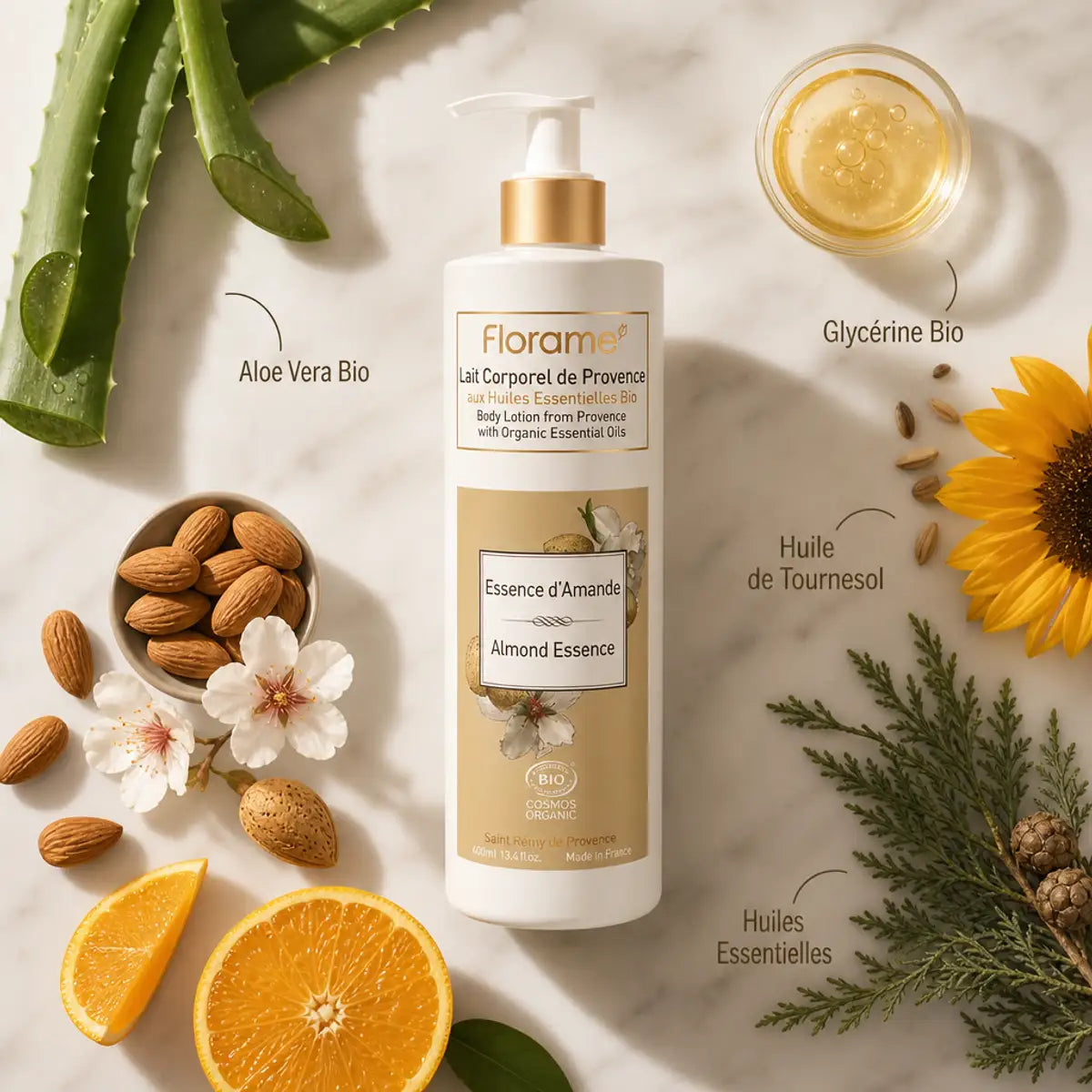 Lait corporel Florame amande bio avec ingrédients naturels et certifications écologiques