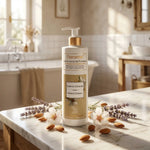 Lait corporel bio Florame essence d'amande avec amandes fraîches et lavande dans salle de bain spa