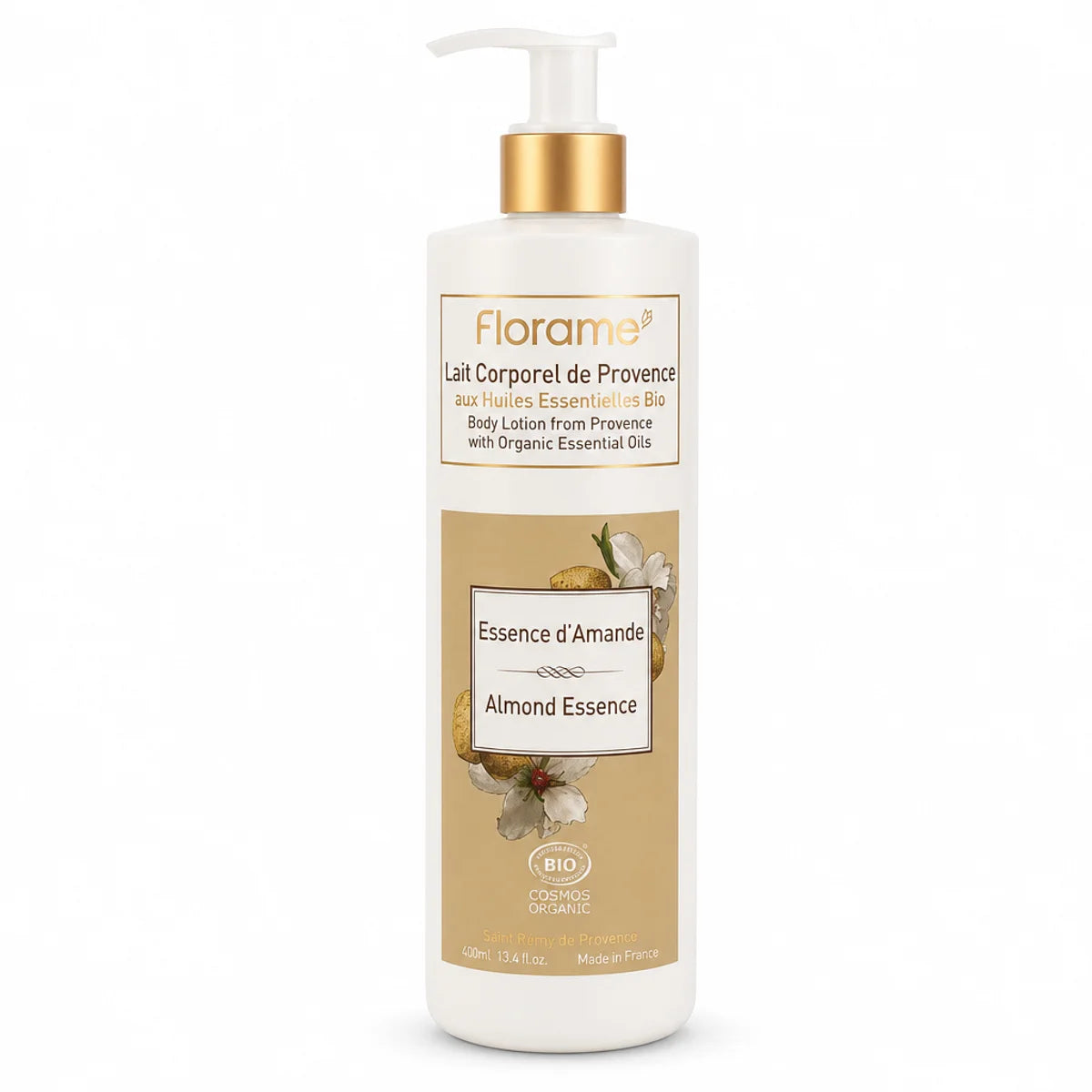 Lait corporel Essence d'Amande bio Florame avec pompe dorée sur fond blanc