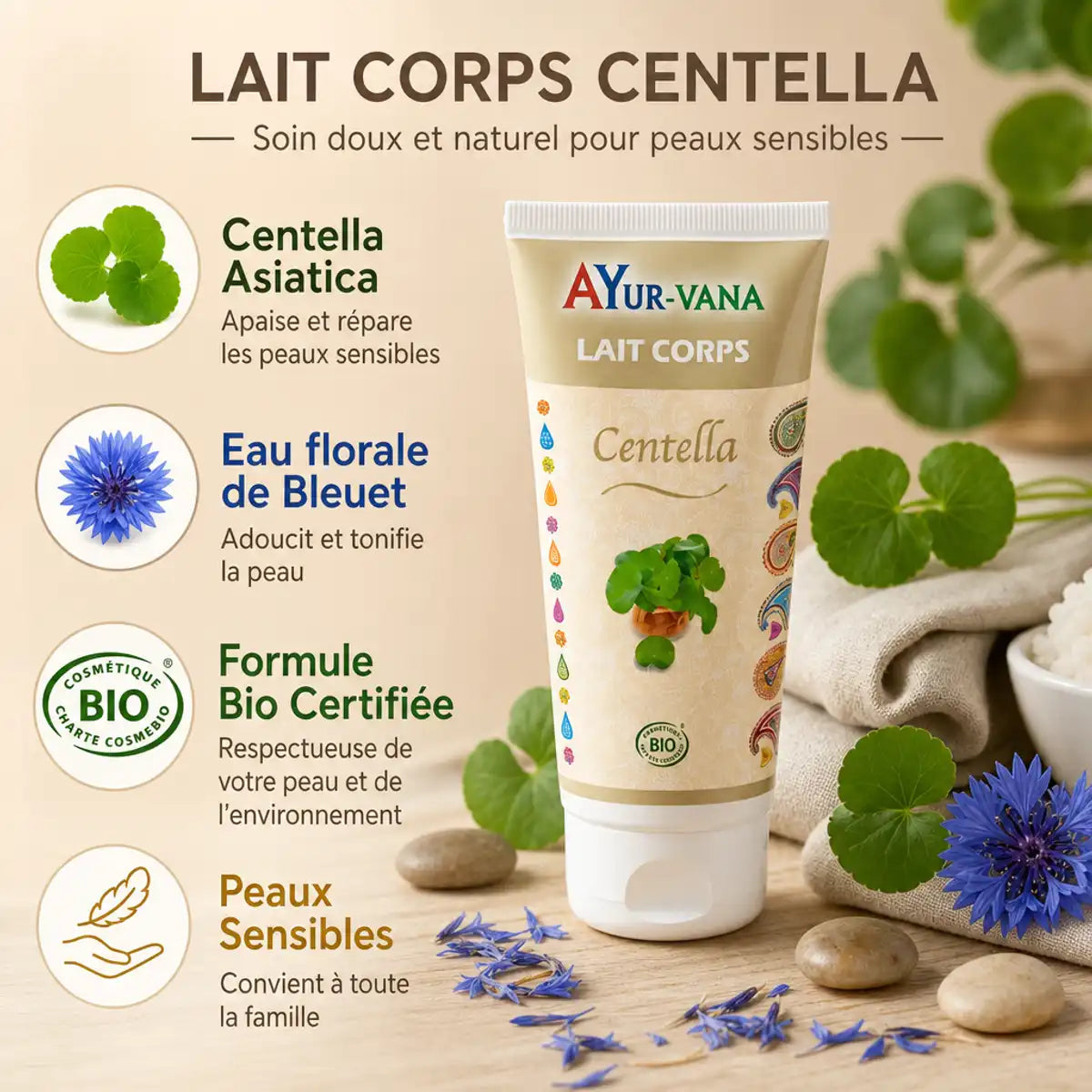 Lait Corps Centella bio Ayurvana avec ingrédients naturels certifiés pour peaux sensibles