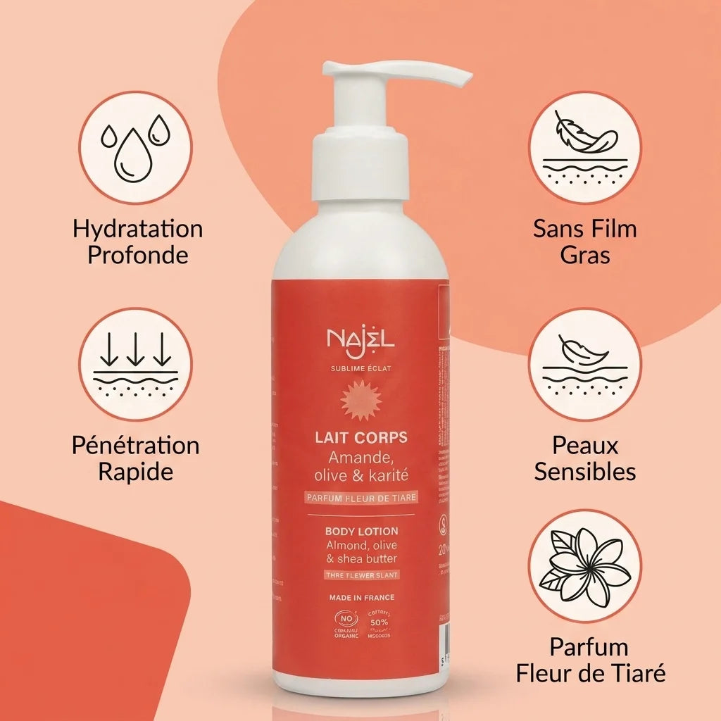 Lait corps Najel fleur de tiaré bio avec icônes hydratation et parfum tropical