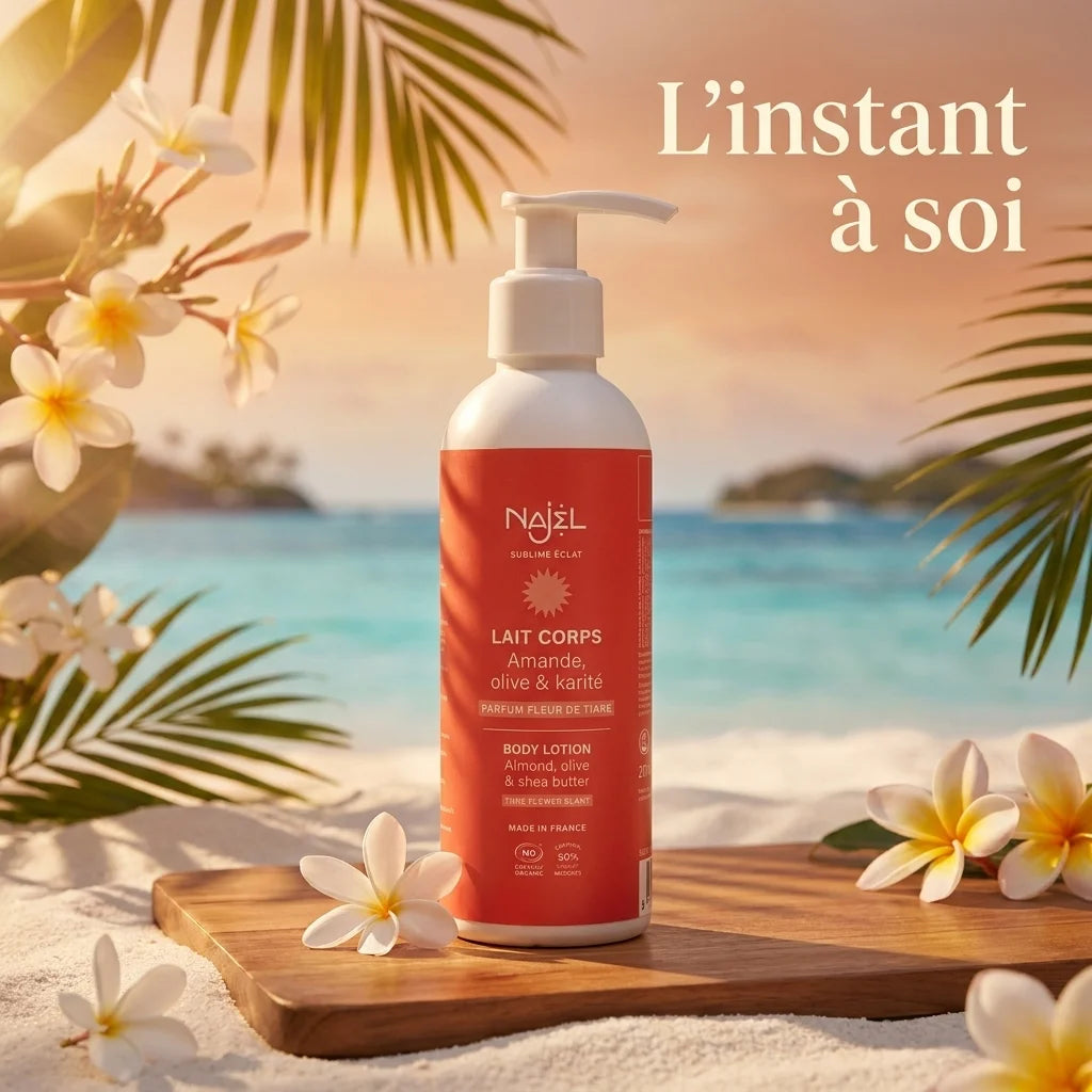 Lait Corps Fleur de Tiaré bio Najel avec pompe, ambiance tropicale luxe et bien-être