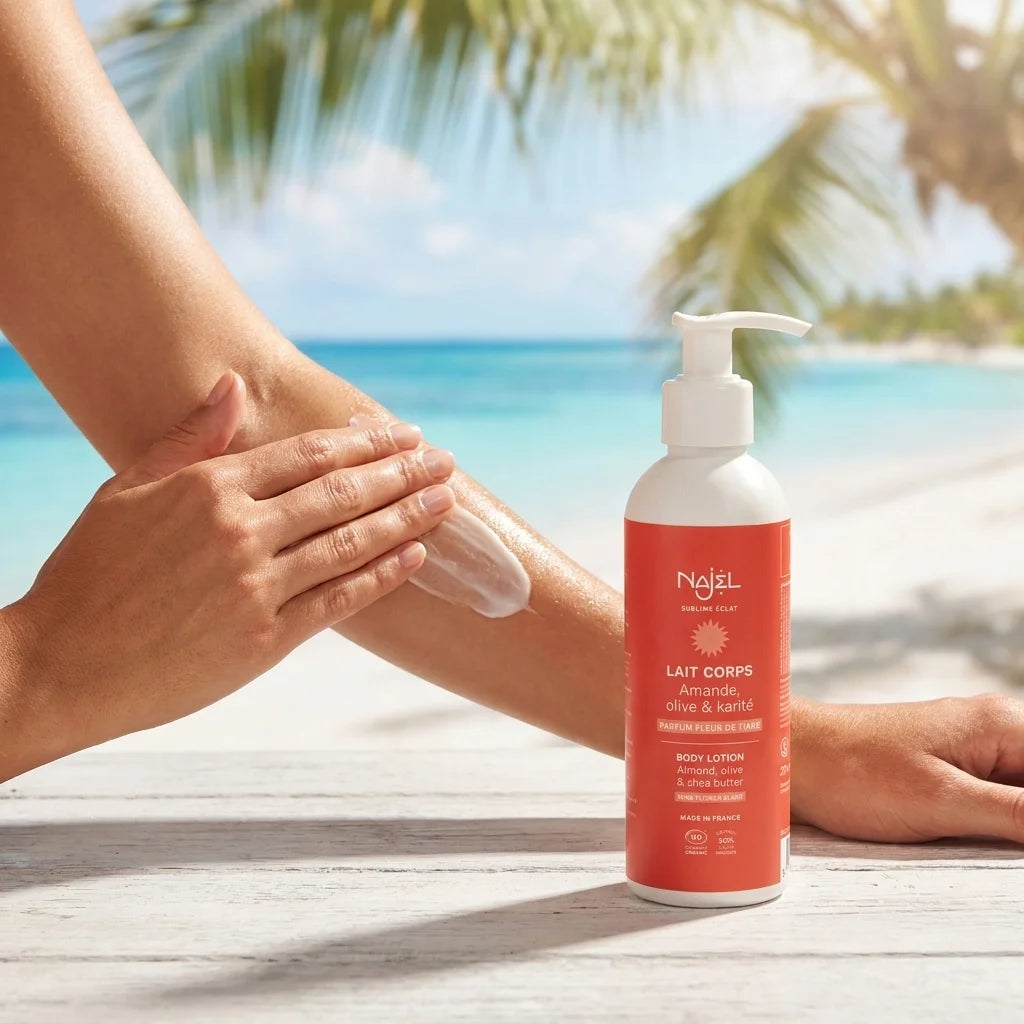Lait corps bio Najel Fleur de Tiaré - application sur la peau en ambiance tropicale
