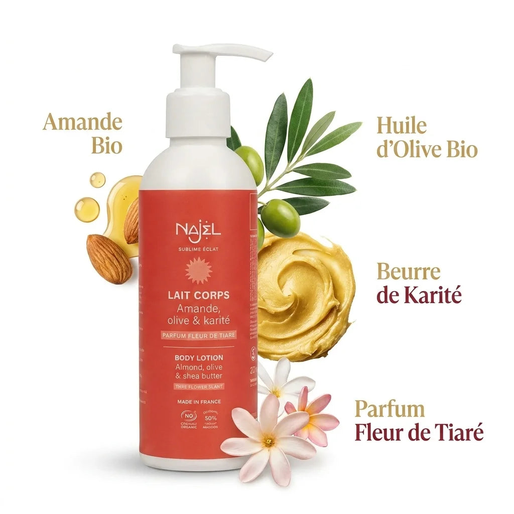 Najel lait corps fleur de tiaré bio avec ingrédients naturels amande olive karité