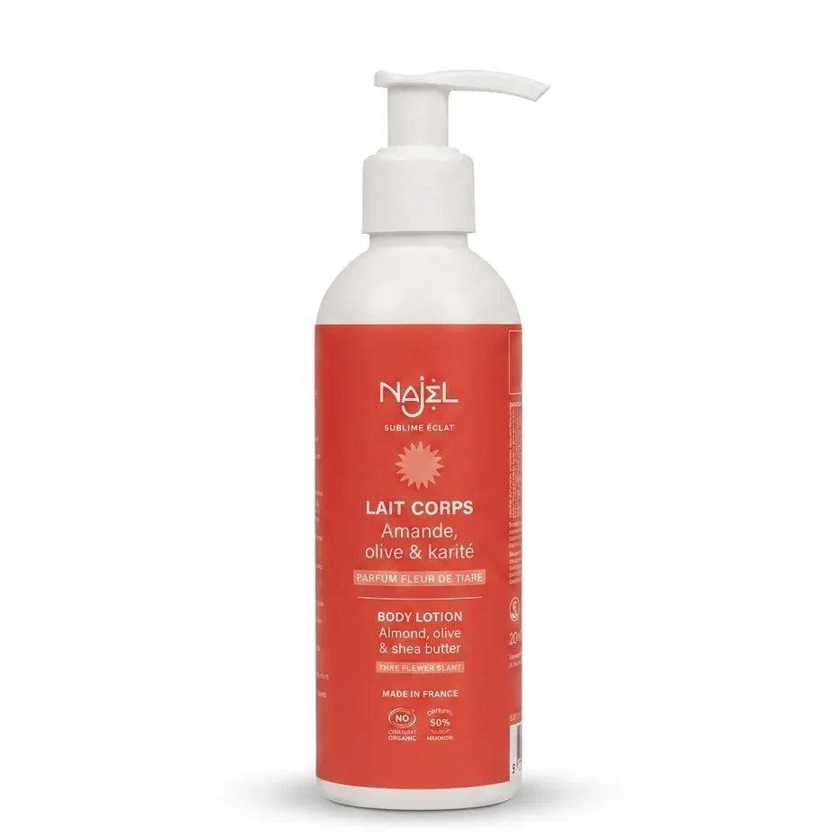 Lait corps bio Najel Fleur de Tiaré en flacon rouge packaging certifié biologique