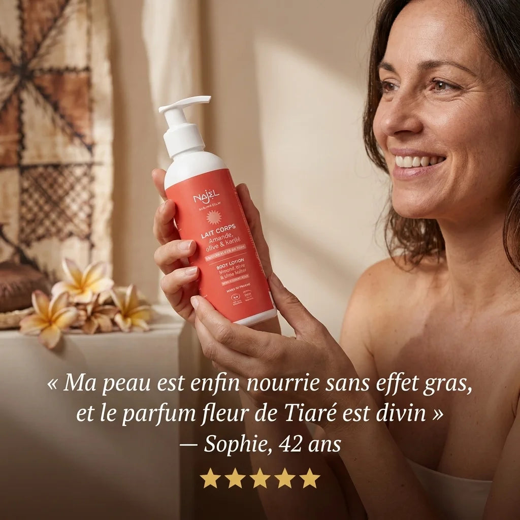 Femme tenant Lait Corps Najel bio Fleur de Tiaré avec témoignage client 5 étoiles