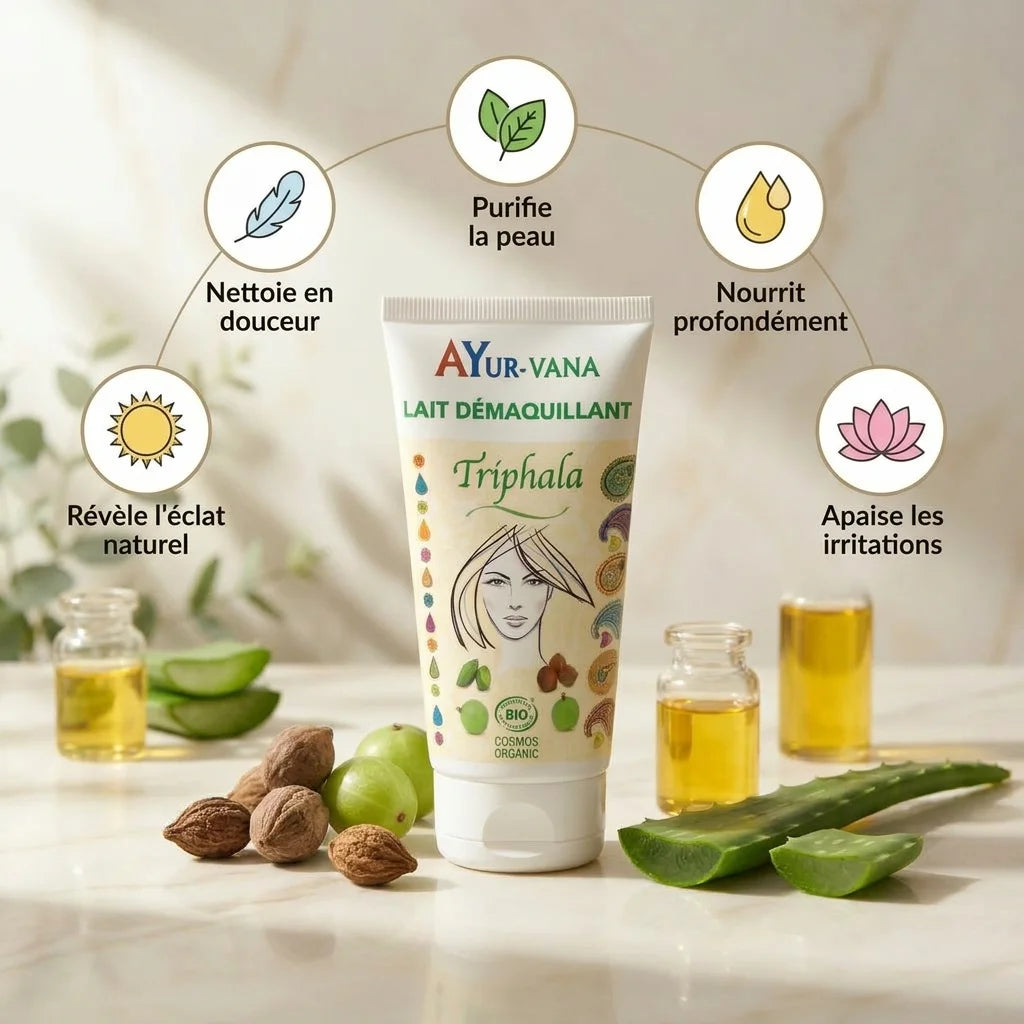 Lait démaquillant Triphala bio Ayurvana avec ingrédients naturels et bénéfices
