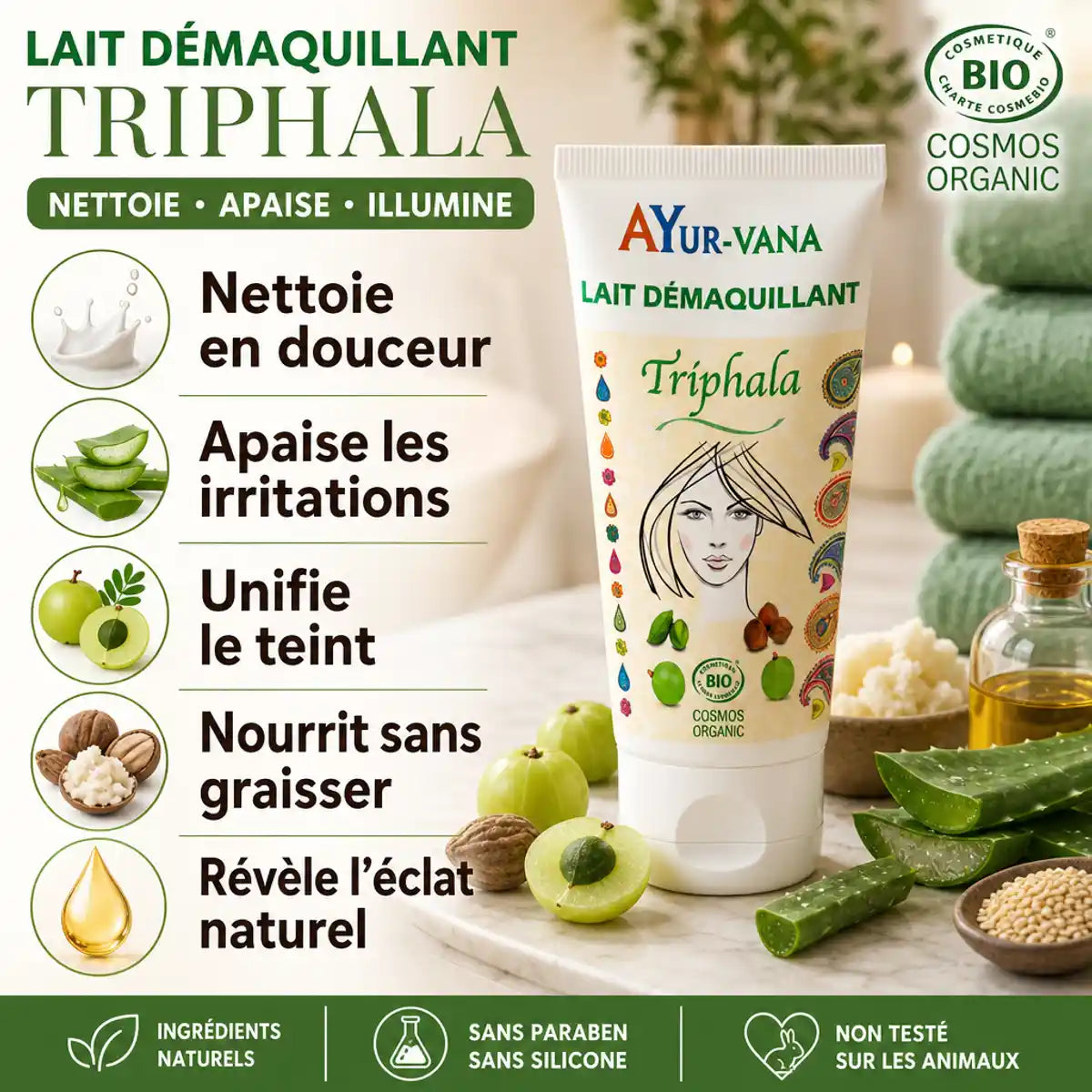 Lait démaquillant Triphala bio Ayurvana avec ingrédients naturels et bénéfices certifié Cosmos Organic
