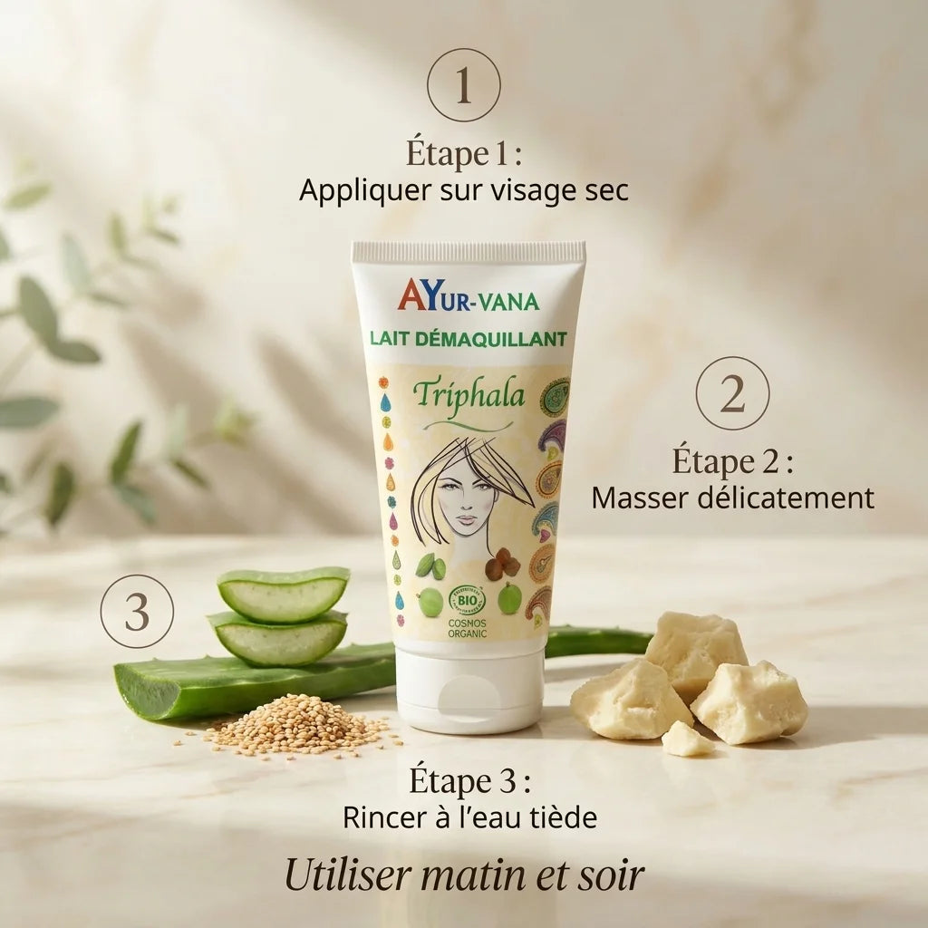 Lait démaquillant Triphala bio Ayurvana avec mode d'emploi et ingrédients naturels