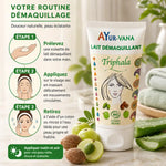 Lait démaquillant Triphala bio Ayurvana avec guide d'utilisation étapes matin soir