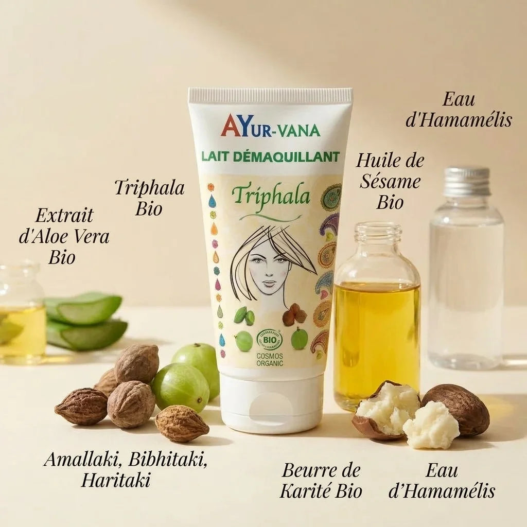 Lait démaquillant Triphala bio Ayurvana avec ingrédients naturels: aloe vera, huile de sésame et beurre de karité