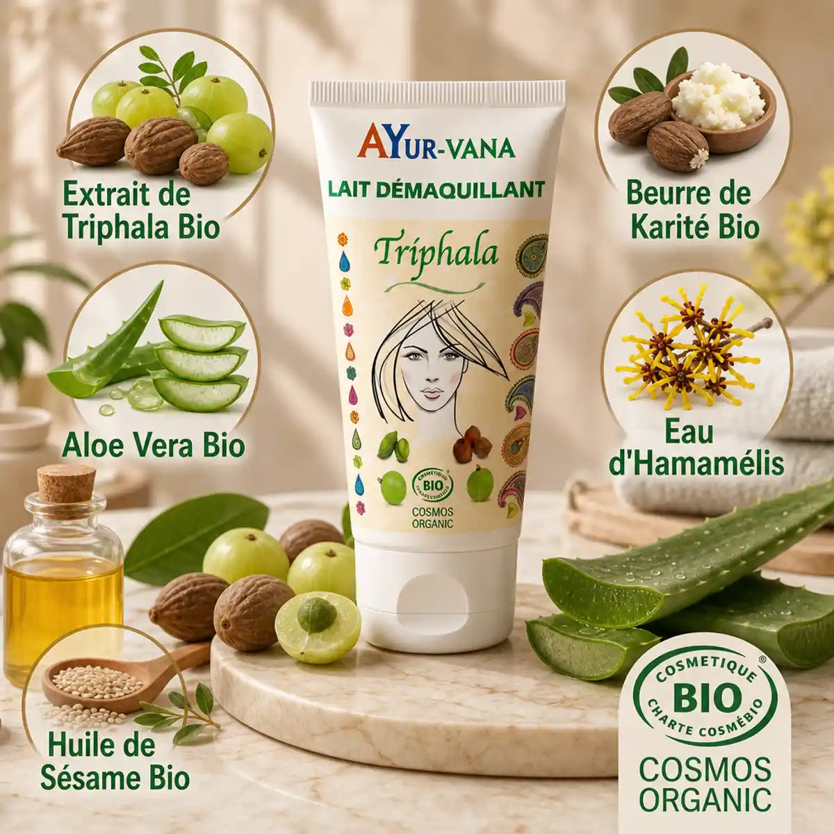 Lait démaquillant Triphala bio Ayurvana avec ingrédients naturels et certification Cosmos