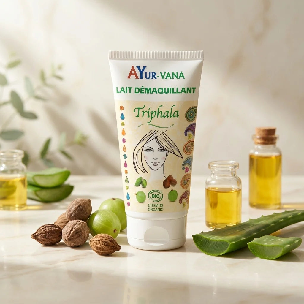 Lait démaquillant Triphala bio Ayurvana avec ingrédients naturels sur marbre