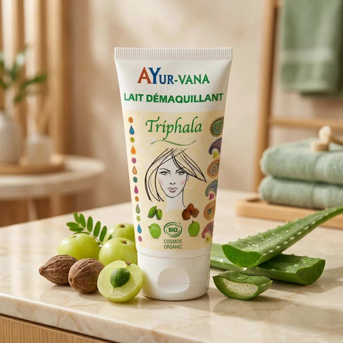 Lait démaquillant Triphala bio Ayurvana sur vanité marbre avec baies et aloe vera
