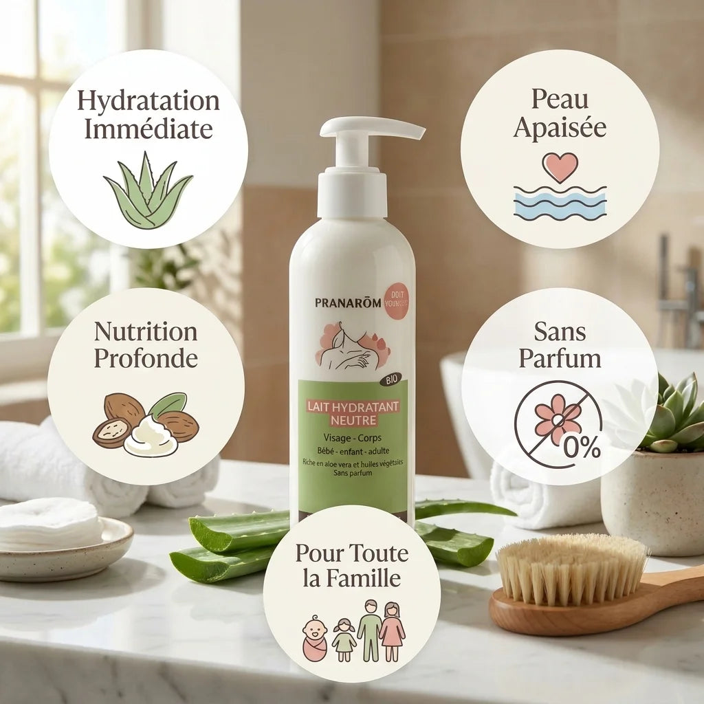 Lait hydratant neutre bio Pranarom avec ses 5 bénéfices : hydratation, nutrition, apaisement, sans parfum