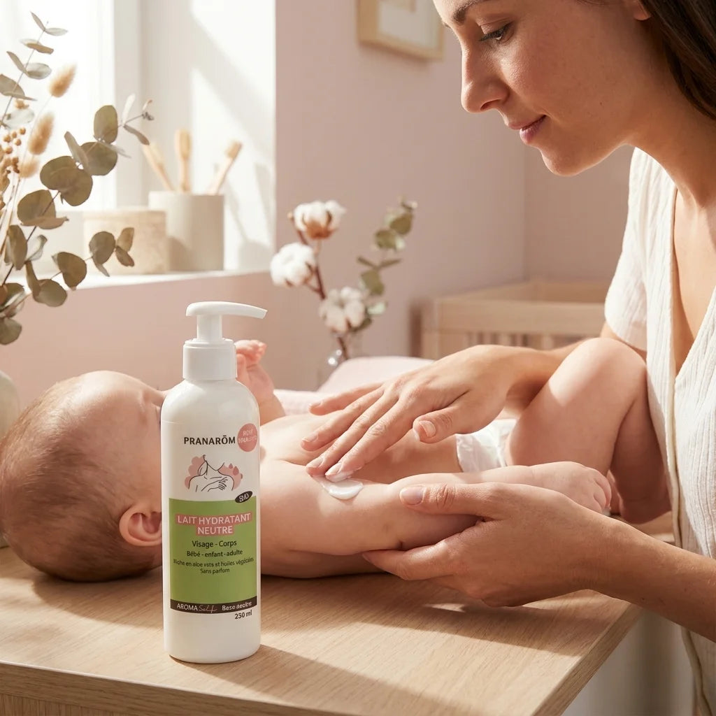 Mère appliquant lait hydratant bio Pranarom neutre sur peau bébé, flacon pompe visible