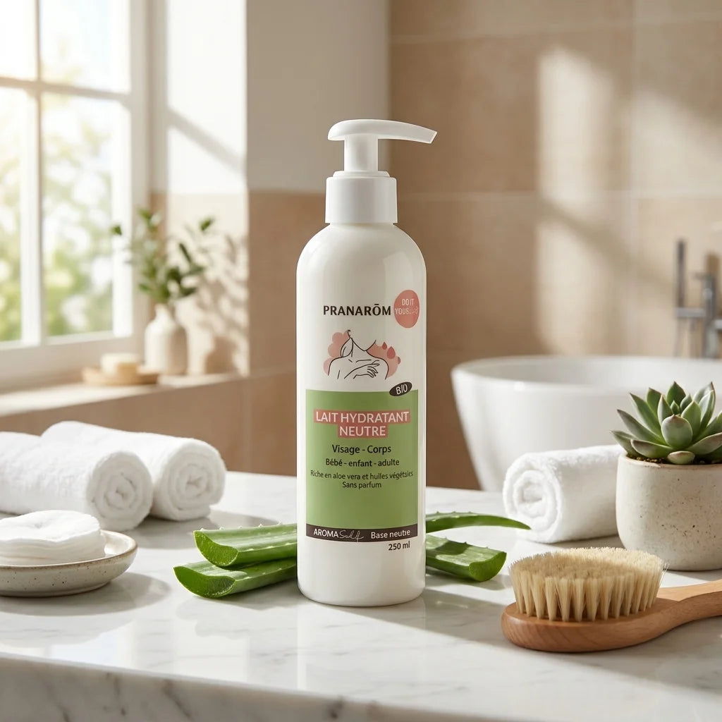 Lait hydratant neutre bio Pranarom sur comptoir marbre avec feuilles aloé vera