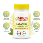 Graine Sauvage Lapacho vegan en gélules avec icônes bien-être vasculaire et action drainante