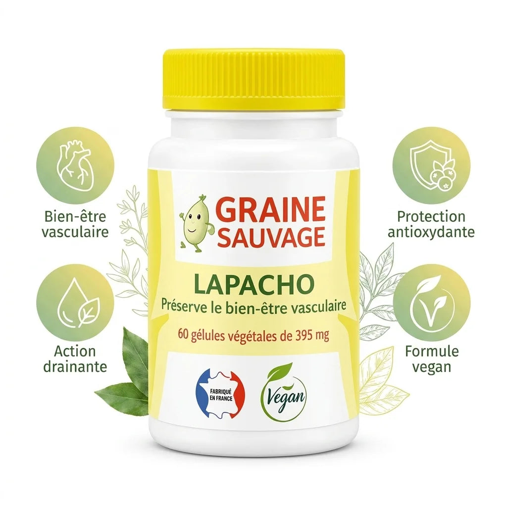 Graine Sauvage Lapacho vegan en gélules avec icônes bien-être vasculaire et action drainante