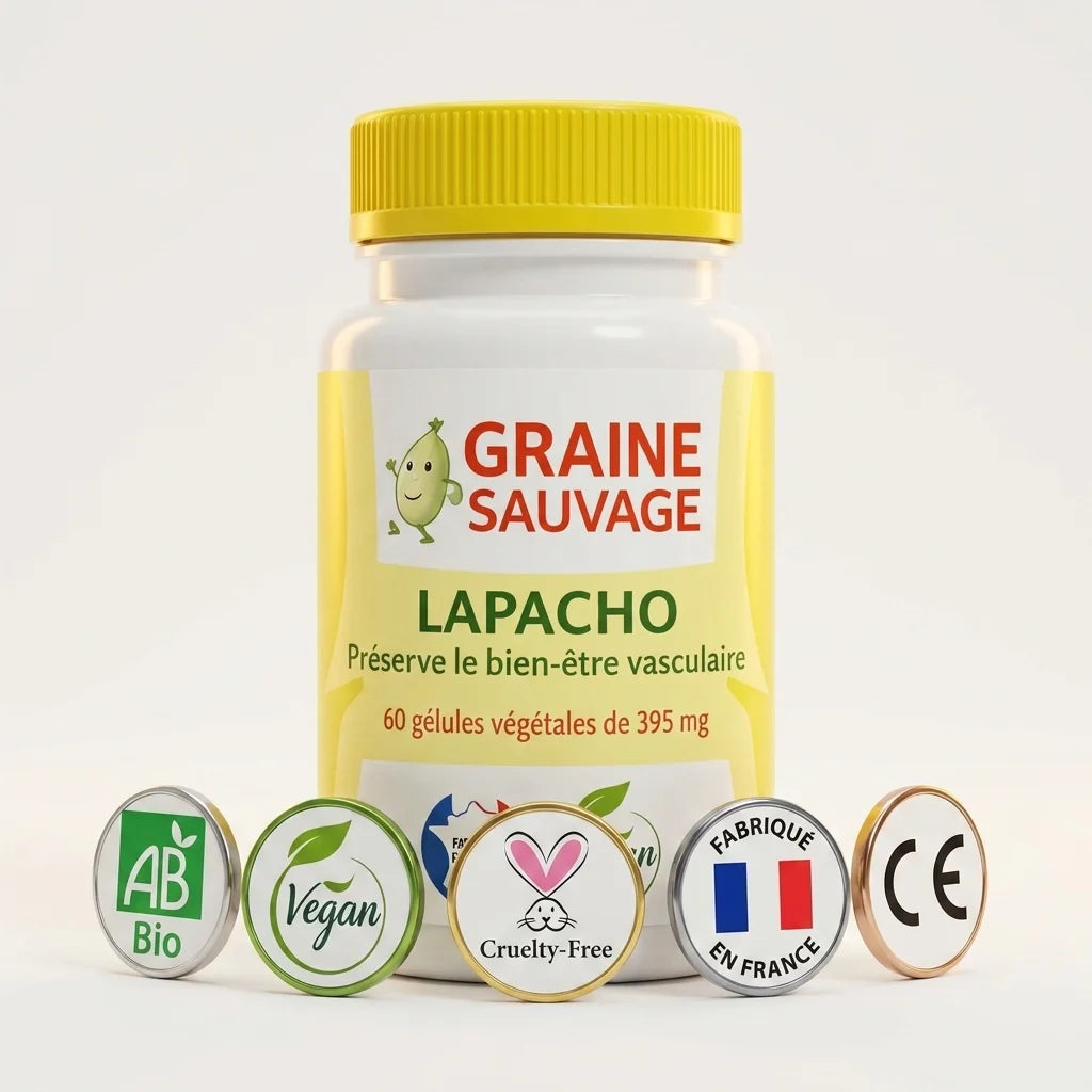 Complément Lapacho vegan en gélules certifié bio avec labels AB, vegan et fabriqué en France