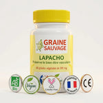 Complément Lapacho vegan en gélules certifié bio avec labels AB, vegan et fabriqué en France
