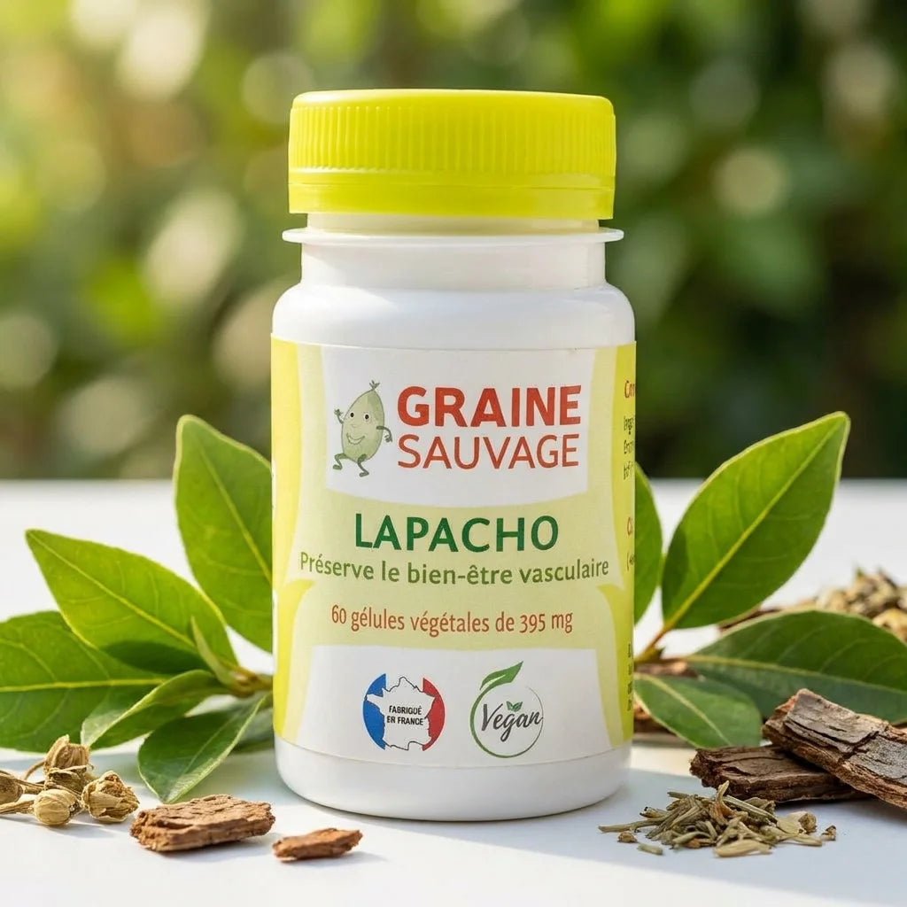 Graine Sauvage Lapacho vegan en gélules avec feuilles vertes sur surface blanche