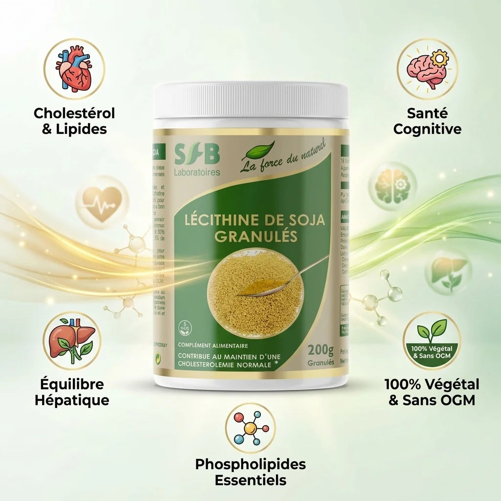 Lecithine de soja SFB en granulés avec infographie des bénéfices santé : cholestérol, cognition, foie