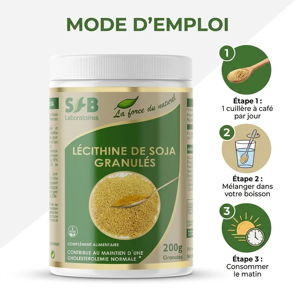 Lécithine de soja SFB en granulés avec mode d'emploi et dosage recommandé illustré étape par étape