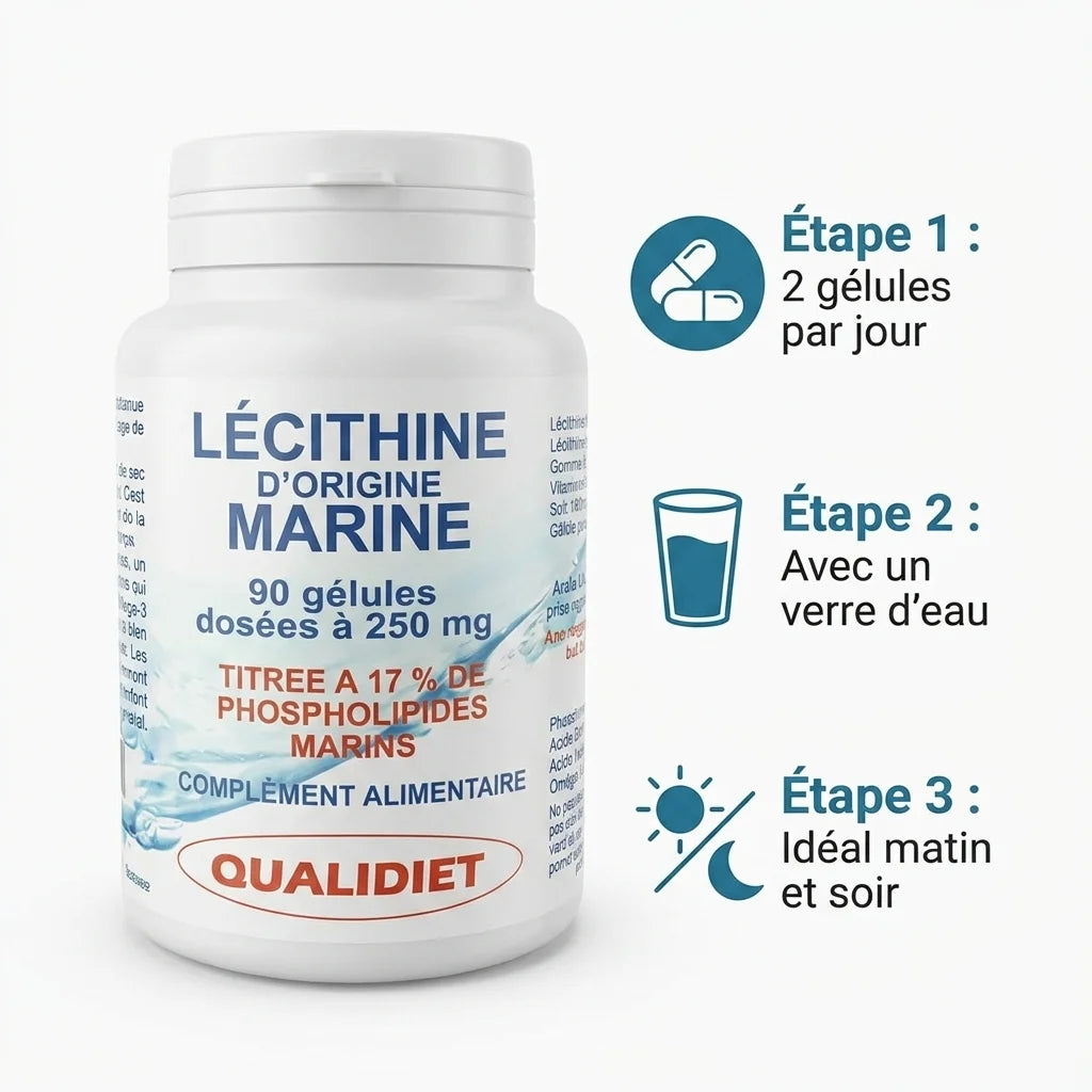 Flacon Qualidiet Lécithine Marine avec infographie dosage: 2 gélules par jour avec eau, matin et soir