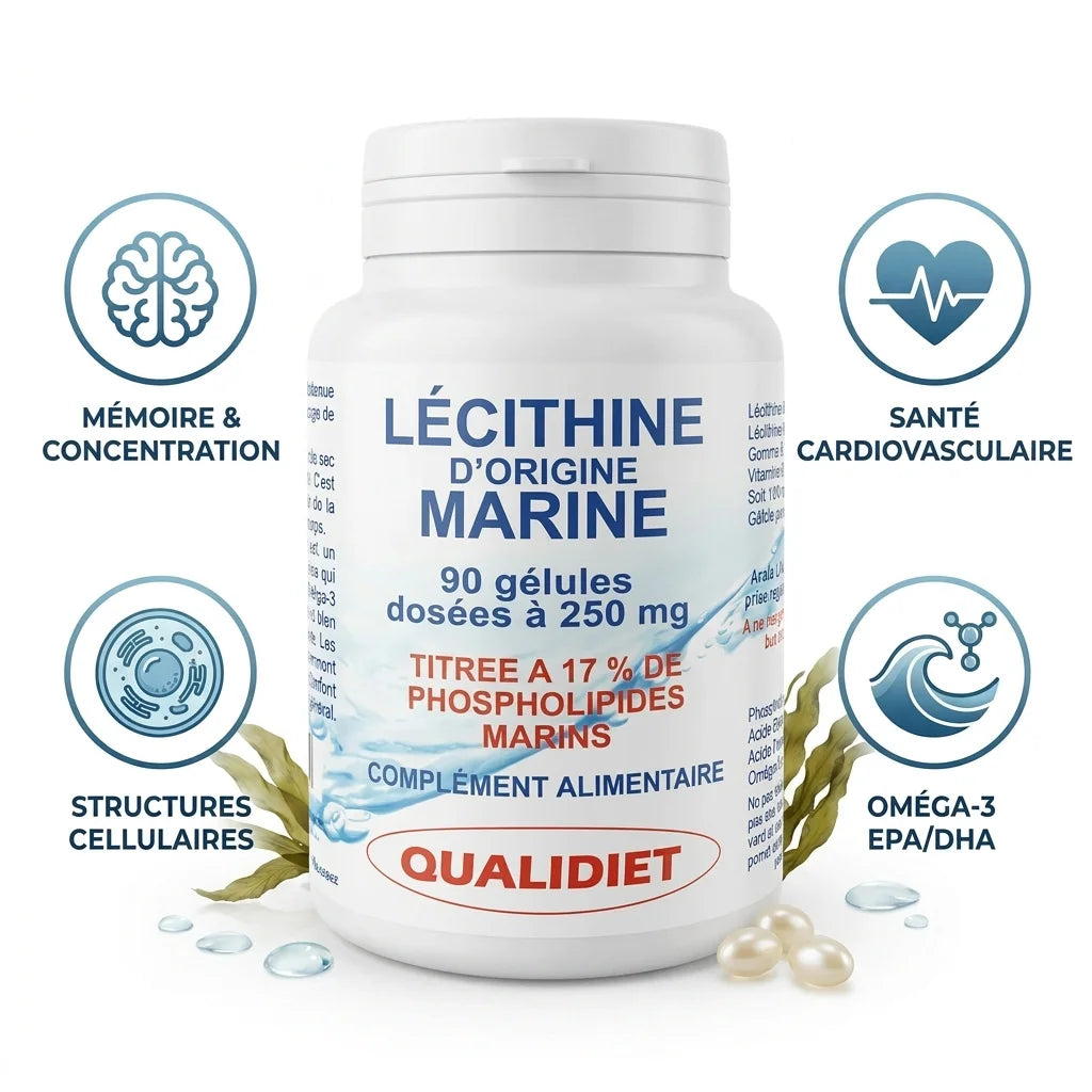 Bouteille de lécithine d'origine marine Qualidiet en gélules sur fond blanc