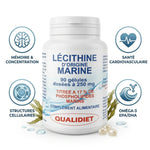 Bouteille de lécithine d'origine marine Qualidiet en gélules sur fond blanc